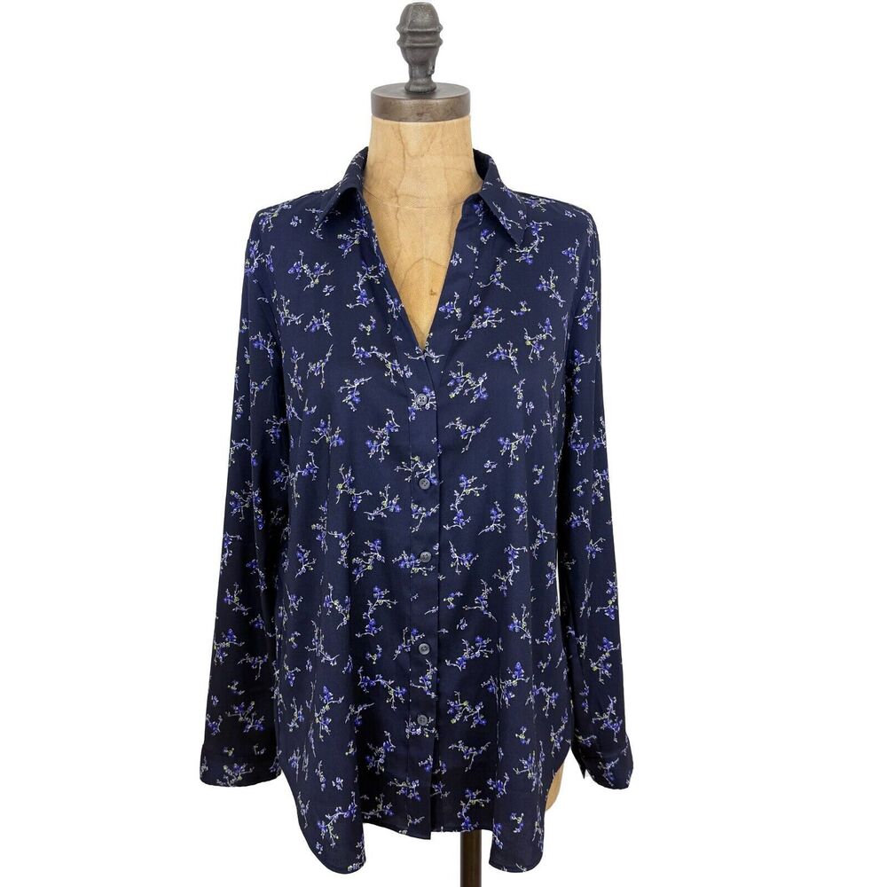 ANN TAYLOR Woven Dress Shirt Petite L Navy Blue Floral Print Button Up Top B4